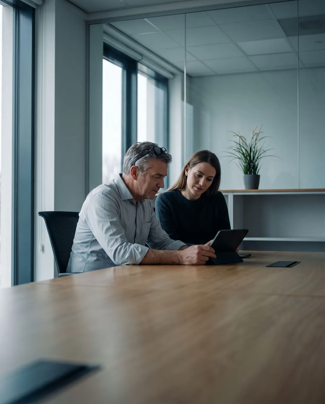 Two accountants reviewing an agency's figures together at a shared desk.