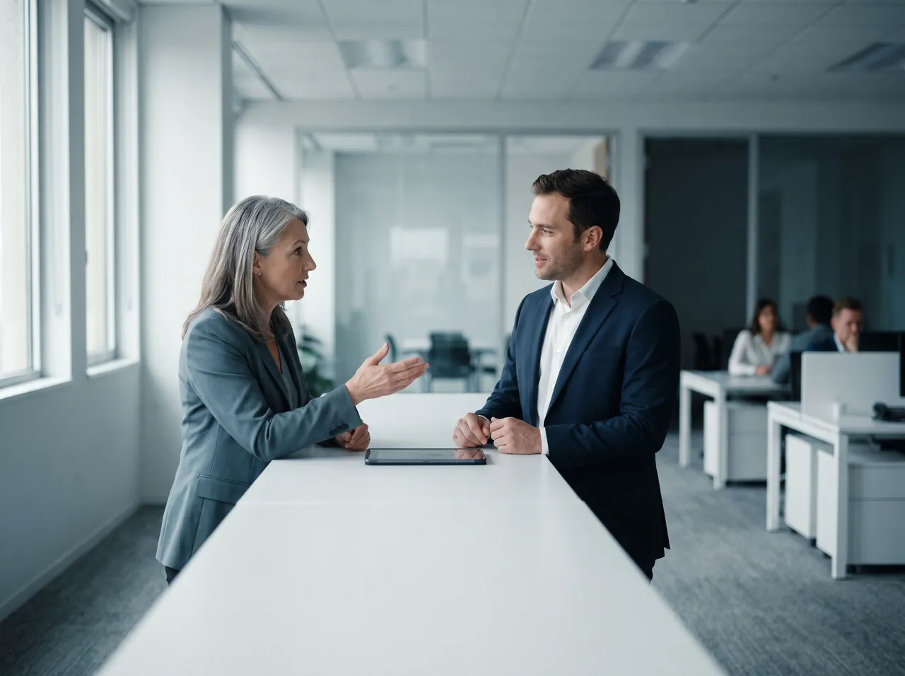 An insurance agency principal explaining something to her accountant across a standing table in an open-plan agency office.