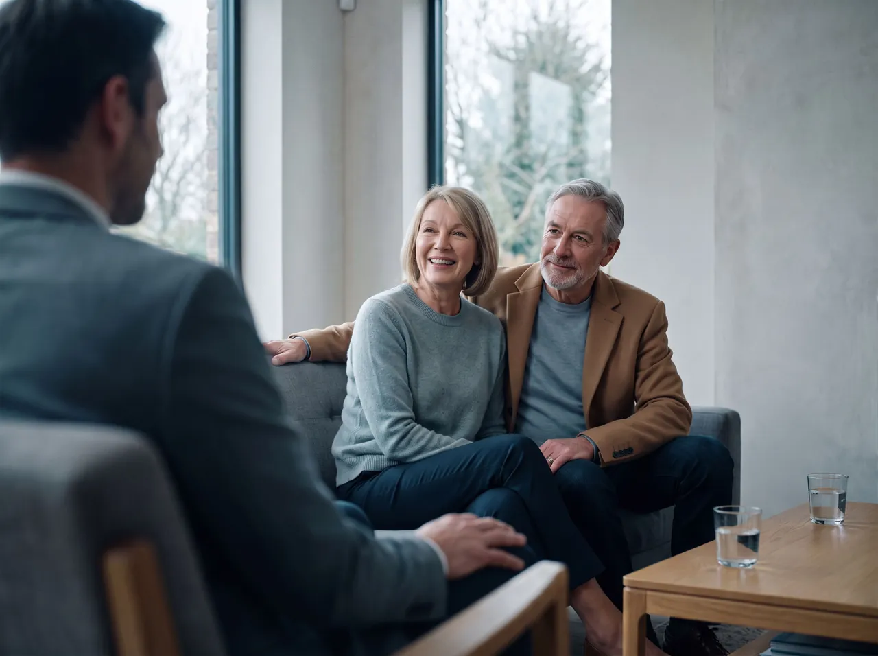 A couple in their sixties laughing on a sofa during a meeting with their advisor in a bright lounge.